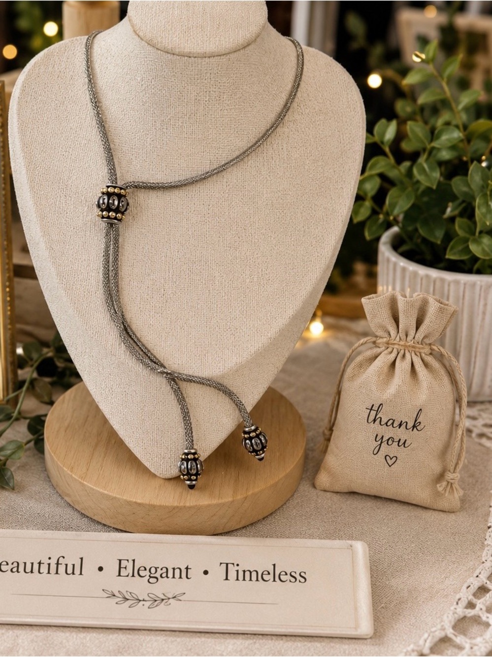 Silver-Tone Lariat Necklace with Beaded Accents